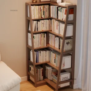 Corner Bookcase Solid Wood – Modern Nordic Oak Space-Saving Storage Shelf